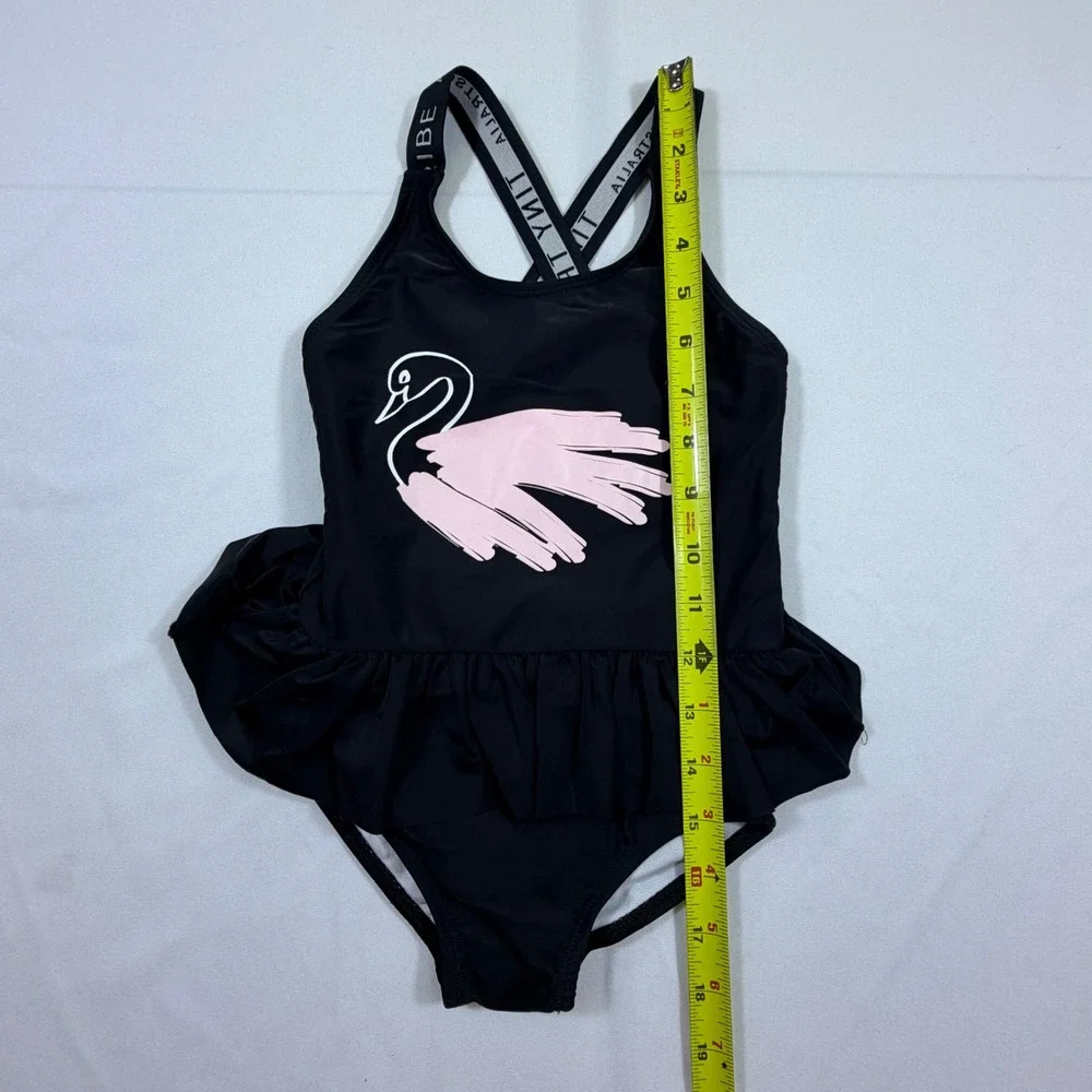 Tiny Tribe Australia Girls 3T Black Swan Peplum One‎ Piece Swimsuit Logo Straps